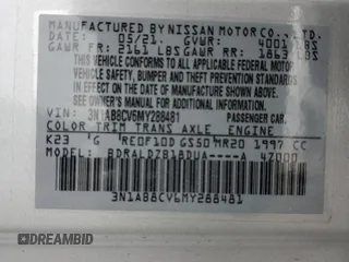 2021 Nissan Sentra SV with VIN 3N1AB8CV6MY288481, listed as a Copart auction lot 59958195 with 33,644 mi miles and Salvage title. Bid and sale history available at DreamBid. Image 13.