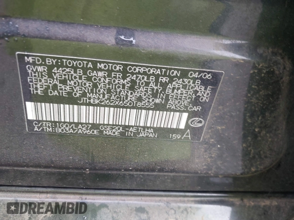 2006 Lexus IS 250 with VIN JTHBK262X65018555, listed as a IAAI auction lot 42112759 with 201,059 mi miles and . Bid and sale history available at DreamBid. Image 9.