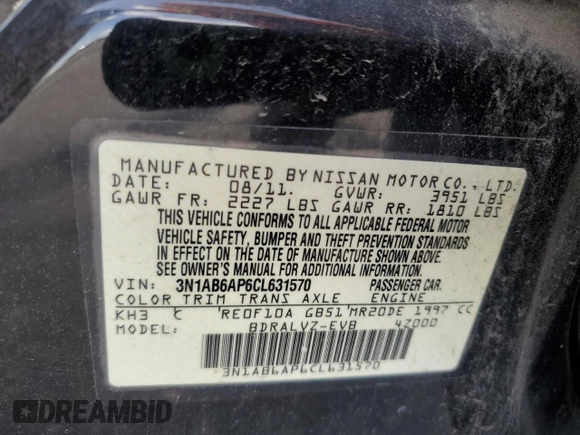 2012 Nissan Sentra 2.0 with VIN 3N1AB6AP6CL631570, listed as a Copart auction lot 65336495 with 129,049 mi miles and Salvage title. Bid and sale history available at DreamBid. Image 12.