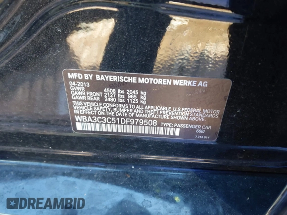 2013 BMW 3 Series 320i xDrive with VIN WBA3C3C51DF979508, listed as a IAAI auction lot 41367343 with 92,139 mi miles and . Bid and sale history available at DreamBid. Image 9.