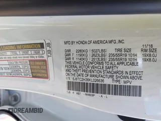 2019 Acura RDX with VIN 5J8TC2H36KL026636, listed as a IAAI auction lot 40441113 with 1 mi miles. Bid and sale history available at carsss.com. Image 9.