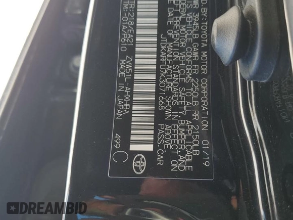 2019 Toyota Prius L Eco z VIN JTDKARFU7K3071668, wystawiony jako Copart lot #53901475 z przebiegiem 146 568 mil mil oraz Szkoda całkowita • Salvage title. Historia ofert i sprzedaży dostępna na DreamBid. Obrazek 13.