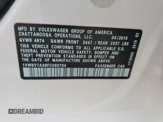 2015 Volkswagen Passat SE с VIN 1VWBV7A39FC090734, выставлен на аукционе Copart как лот 56257835 с пробегом 115 437 миль миль и Списание • Salvage title. История ставок и продаж доступна на DreamBid. Изображение 12.