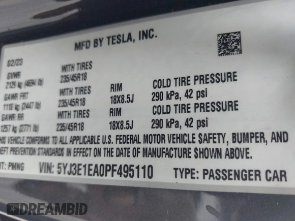 2023 Tesla Model 3 с VIN 5YJ3E1EA0PF495110, выставлен на аукционе IAAI как лот 42475811 с пробегом Не указан миль и . История ставок и продаж доступна на DreamBid. Изображение 9.