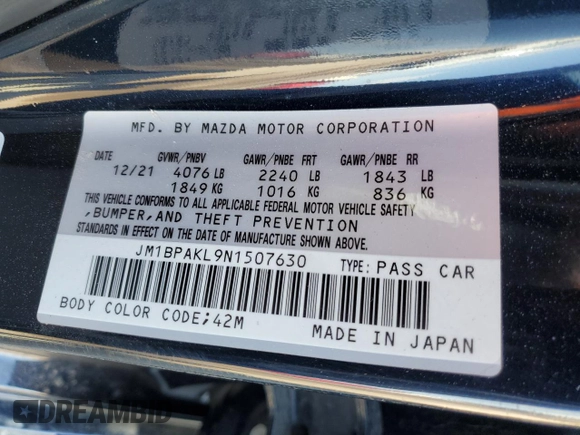 2022 Mazda 3 Select with VIN JM1BPAKL9N1507630, listed as a Copart auction lot 63757255 with 50,250 mi miles and Salvage title. Bid and sale history available at DreamBid. Image 12.