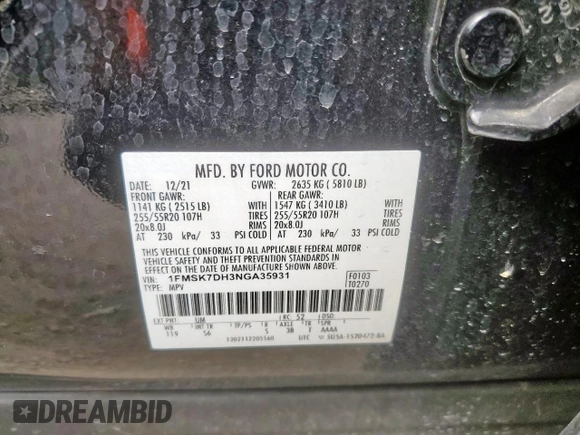 2022 Ford Explorer XLT z VIN 1FMSK7DH3NGA35931, wystawiony jako Copart lot #56413905 z przebiegiem 55 647 mil mil oraz Czysty tytuł • Clean title. Historia ofert i sprzedaży dostępna na DreamBid. Obrazek 13.