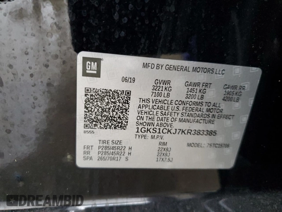2019 GMC Yukon Denali with VIN 1GKS1CKJ7KR383385, listed as a Copart auction lot 89097255 with 22,916 mi miles and Non Repairable. Bid and sale history available at carsss.com. Image 15.