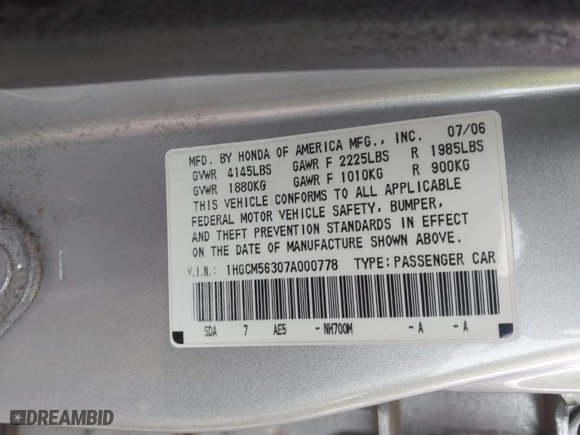 2007 Honda Accord Sdn LX SE with VIN 1HGCM56307A000778, listed as a IAAI auction lot 41720971 with 136,961 mi miles. Bid and sale history available at carsss.com. Image 9.