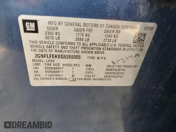 2016 Chevrolet Equinox LT with VIN 2GNFLFEKXG6269355, listed as a Copart auction lot 53892635 with 80,382 mi miles and Salvage Title. Bid and sale history available at DreamBid. Image 13.