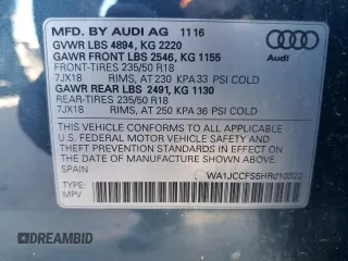 2017 Audi Q3 Premium Plus with VIN WA1JCCFS5HR010322, listed as a Copart auction lot 70188182 with 47,963 mi miles. Bid and sale history available at carsss.com. Image 14.