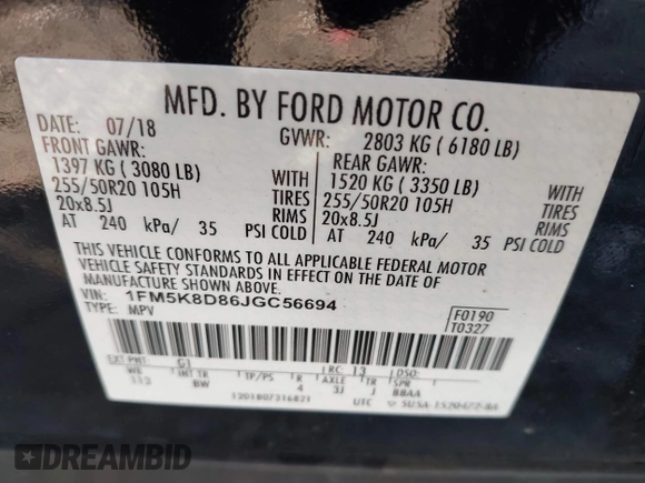 2018 Ford Explorer XLT with VIN 1FM5K8D86JGC56694, listed as a IAAI auction lot 41991384 with 113,241 mi miles and . Bid and sale history available at carsss.com. Image 9.