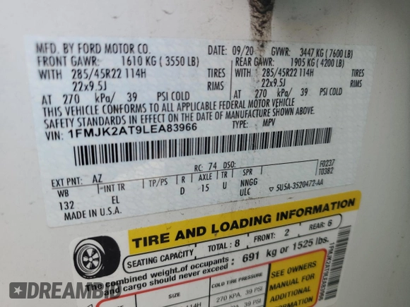 2020 Ford Expedition Max Limited z VIN 1FMJK2AT9LEA83966, wystawiony jako Copart lot #57096815 z przebiegiem 38 293 mil mil oraz Szkoda całkowita • Salvage title. Historia ofert i sprzedaży dostępna na DreamBid. Obrazek 13.