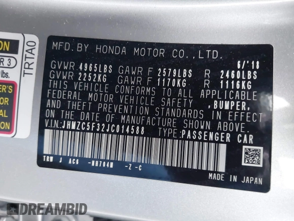 2018 Honda Clarity Touring with VIN JHMZC5F32JC014588, listed as a IAAI auction lot 42066633 with 89,316 mi miles. Bid and sale history available at carsss.com. Image 9.
