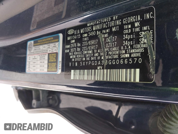 2016 Kia Sorento LX with VIN 5XYPGDA38GG066570, listed as a IAAI auction lot 42205199 with 179,101 mi miles and . Bid and sale history available at DreamBid. Image 9.