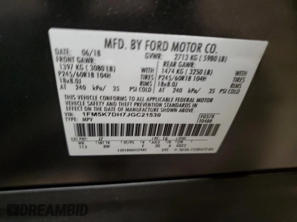 2018 Ford Explorer XLT с VIN 1FM5K7DH7JGC21530, выставлен на аукционе Copart как лот 63737465 с пробегом 89 295 миль миль и Списание • Salvage title. История ставок и продаж доступна на DreamBid. Изображение 14.