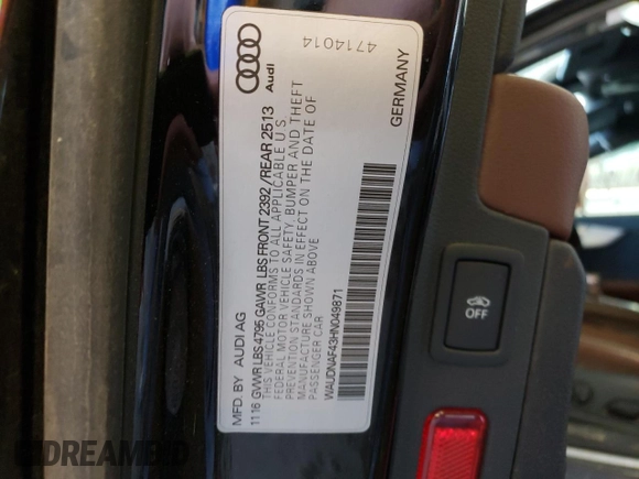 2017 Audi A4 Season of Audi Premium with VIN WAUDNAF43HN049871, listed as a Copart auction lot 53598695 with 117,754 mi miles and Non Repairable. Bid and sale history available at carsss.com. Image 24.