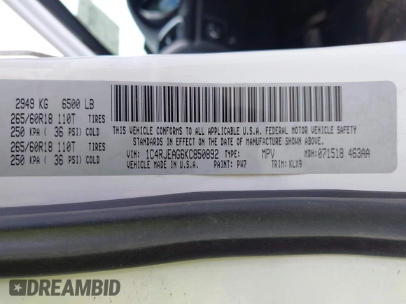 2019 Jeep Grand Cherokee Altitude with VIN 1C4RJEAG6KC850892, listed as a IAAI auction lot 42187703 with 79,961 mi miles and . Bid and sale history available at DreamBid. Image 9.