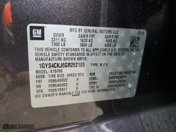 2016 Cadillac Escalade Premium Collection with VIN 1GYS4CKJ6GR252193, listed as a Copart auction lot 48341185 with 162,897 mi miles and Salvage Title. Bid and sale history available at carsss.com. Image 14.