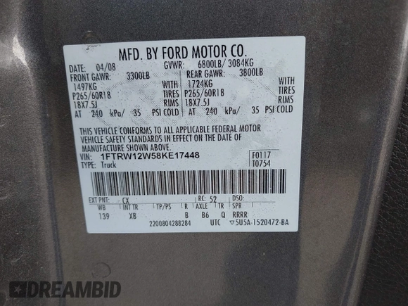 2008 Ford F-150 XL с VIN 1FTRW12W58KE17448, выставлен на аукционе IAAI как лот 42286426 с пробегом 146 056 миль миль и . История ставок и продаж доступна на DreamBid. Изображение 9.
