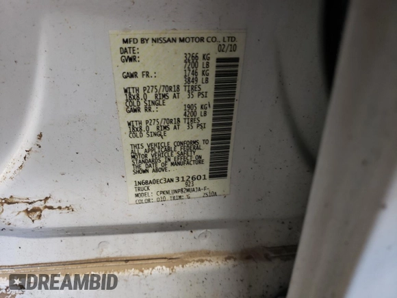 2010 Nissan Titan Pro-4X with VIN 1N6BA0EC3AN312601, listed as a Copart auction lot 52633455 with 161,260 mi miles and Salvage title. Bid and sale history available at DreamBid. Image 13.