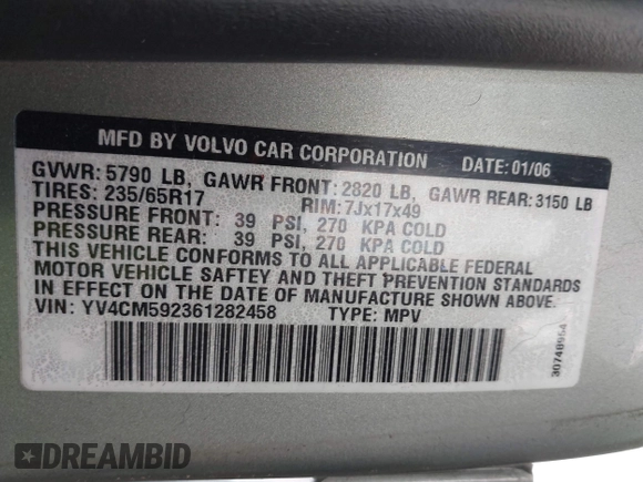 2006 Volvo XC90 with VIN YV4CM592361282458, listed as a IAAI auction lot 41995482 with 281,603 mi miles and . Bid and sale history available at DreamBid. Image 9.