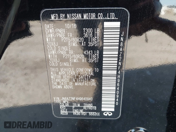 2017 Infiniti QX80 with VIN JN8AZ2NF4H9640940, listed as a IAAI auction lot 42006857 with 86,045 mi miles and . Bid and sale history available at DreamBid. Image 9.