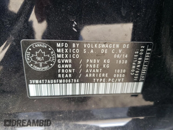 2015 Volkswagen GTI Autobahn with VIN 3VW4T7AU6FM006794, listed as a Copart auction lot 74454114 with 145,516 mi miles and Salvage Title. Bid and sale history available at DreamBid. Image 13.