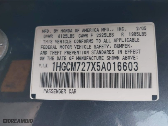2005 Honda Accord Cpe EX with VIN 1HGCM727X5A016603, listed as a IAAI auction lot 41721008 with NaN miles. Bid and sale history available at carsss.com. Image 9.