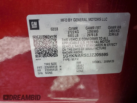 2018 Cadillac XT5 FWD with VIN 1GYKNARS1JZ205595, listed as a Copart auction lot 52428565 with 106,927 mi miles and Salvage title. Bid and sale history available at DreamBid. Image 12.