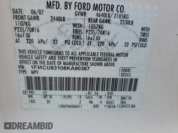 2008 Ford Escape XLT with VIN 1FMCU93108KA90367, listed as a Copart auction lot 60464585 with 205,566 mi miles and Clean title. Bid and sale history available at DreamBid. Image 13.