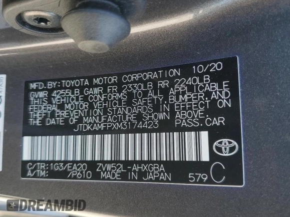 2021 Toyota Prius LE with VIN JTDKAMFPXM3174423, listed as a Copart auction lot 57614925 with Not provided miles and Non repairable. Bid and sale history available at DreamBid. Image 12.