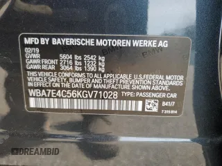 2019 BMW 7 Series 740i xDrive z VIN WBA7E4C56KGV71028, wystawiony jako Copart lot #76860474 z przebiegiem 66 657 mil mil oraz Nie do naprawy • Non repairable. Historia ofert i sprzedaży dostępna na DreamBid. Obrazek 14.
