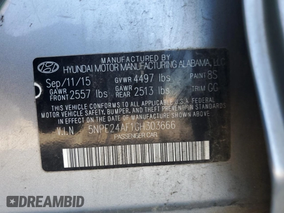 2016 Hyundai Sonata SE with VIN 5NPE24AF1GH303666, listed as a Copart auction lot 52843125 with 154,633 mi miles and Clean Title. Bid and sale history available at carsss.com. Image 12.