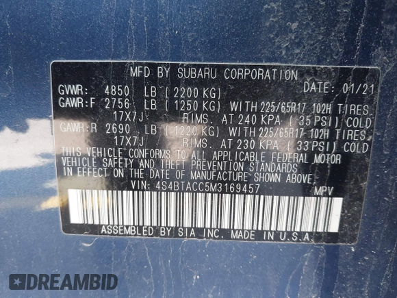 2021 Subaru Outback Premium with VIN 4S4BTACC5M3169457, listed as a IAAI auction lot 41869699 with 58,549 mi miles and . Bid and sale history available at DreamBid. Image 9.