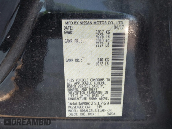 2017 Nissan Altima SV with VIN 1N4AL3AP0HC251769, listed as a IAAI auction lot 41352246 with 121,954 mi miles and . Bid and sale history available at carsss.com. Image 9.