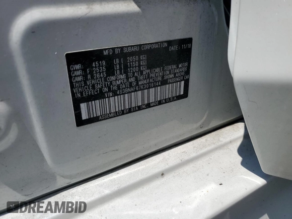 2019 Subaru Legacy Premium with VIN 4S3BNAF67K3016144, listed as a Copart auction lot 59682045 with 64,313 mi miles and Salvage title. Bid and sale history available at DreamBid. Image 12.