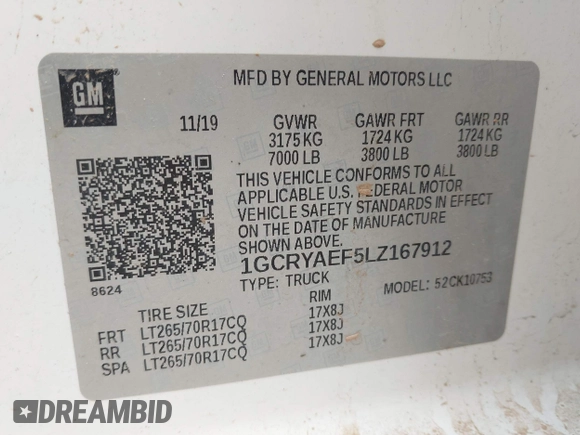 2020 Chevrolet Silverado 1500 Work Truck with VIN 1GCRYAEF5LZ167912, listed as a IAAI auction lot 42109246 with 156,588 mi miles and . Bid and sale history available at DreamBid. Image 9.