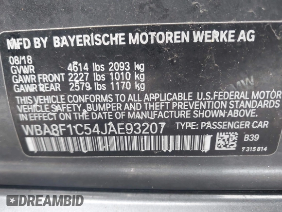 2018 BMW 3 Series with VIN WBA8F1C54JAE93207, listed as a IAAI auction lot 41876781 with 64,749 mi miles and . Bid and sale history available at DreamBid. Image 9.