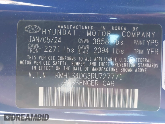 2024 Hyundai Elantra SEL z VIN KMHLS4DG3RU727771, wystawiony jako IAAI lot #42491600 z przebiegiem 5 510 mil mil oraz . Historia ofert i sprzedaży dostępna na DreamBid. Obrazek 9.
