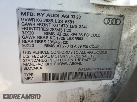 2023 Audi Q7 Premium with VIN WA1AXBF77PD016497, listed as a Copart auction lot 61918424 with 35,510 mi miles and Salvage title. Bid and sale history available at DreamBid. Image 13.