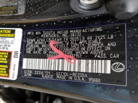 2022 Lexus ES with VIN 58ADZ1B13NU137151, listed as a Copart auction lot 44753345 with 5,034 mi miles and Salvage Title. Bid and sale history available at carsss.com. Image 13.