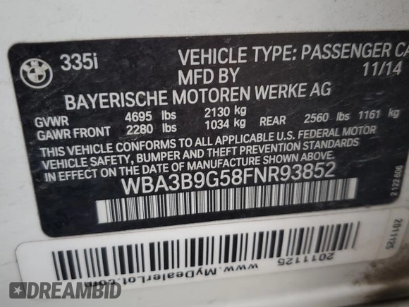 2015 BMW 3 Series 335i xDrive with VIN WBA3B9G58FNR93852, listed as a Copart auction lot 85033984 with 47,592 mi miles and Non repairable. Bid and sale history available at DreamBid. Image 12.