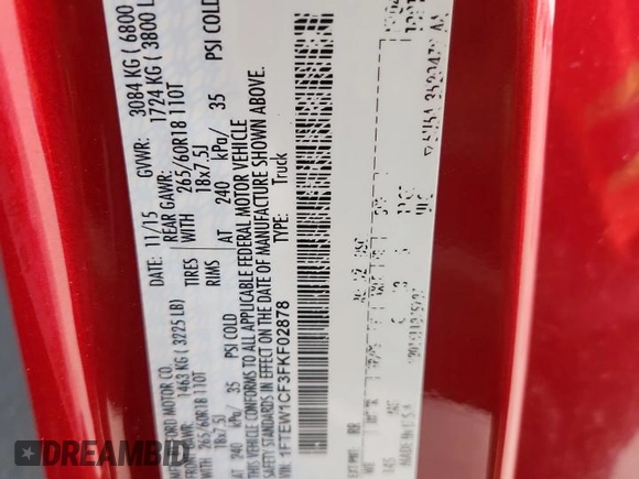2015 Ford F-150 XL с VIN 1FTEW1CF3FKF02878, выставлен на аукционе Copart как лот 62553925 с пробегом 155 486 миль миль и Списание • Salvage title. История ставок и продаж доступна на DreamBid. Изображение 13.