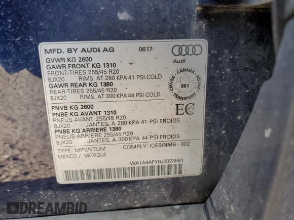 2018 Audi SQ5 Premium Plus with VIN WA1A4AFY0J2023581, listed as a Copart auction lot 74968304 with 98,145 mi miles and Clean Title. Bid and sale history available at DreamBid. Image 13.