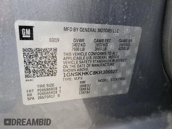 2019 Chevrolet Suburban LT z VIN 1GNSKHKC8KR306927, wystawiony jako Copart lot #52399565 z przebiegiem 121 966 mil mil oraz Szkoda całkowita • Salvage title. Historia ofert i sprzedaży dostępna na DreamBid. Obrazek 14.