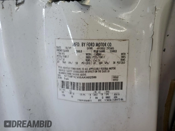 2010 Ford F-150 XL with VIN 1FTMF1CW8AKA82586, listed as a Copart auction lot 58854245 with 197,462 mi miles and Non repairable. Bid and sale history available at DreamBid. Image 13.