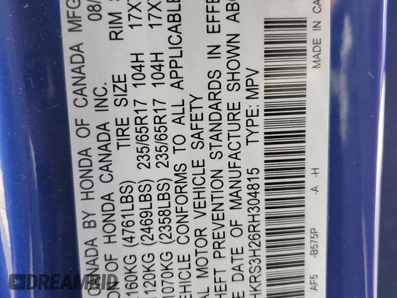 2024 Honda CR-V LX with VIN 2HKRS3H26RH304815, listed as a Copart auction lot 84774484 with Not Provided miles and Salvage Title. Bid and sale history available at DreamBid. Image 15.