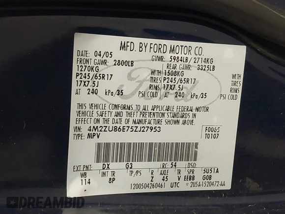 2005 Mercury Mountaineer with VIN 4M2ZU86E75ZJ27953, listed as a IAAI auction lot 41507206 with 185,291 mi miles and . Bid and sale history available at DreamBid. Image 9.