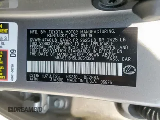 2020 Lexus ES 350 F Sport with VIN 58AGZ1B15LU051396, listed as a Copart auction lot 58450855 with 88,283 mi miles and Salvage title. Bid and sale history available at DreamBid. Image 12.