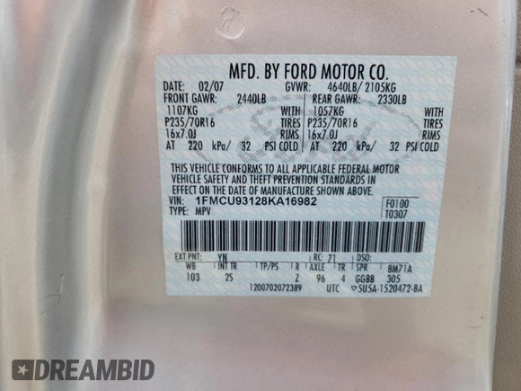 2008 Ford Escape XLT with VIN 1FMCU93128KA16982, listed as a Copart auction lot 58674645 with 214,331 mi miles and Salvage title. Bid and sale history available at DreamBid. Image 14.